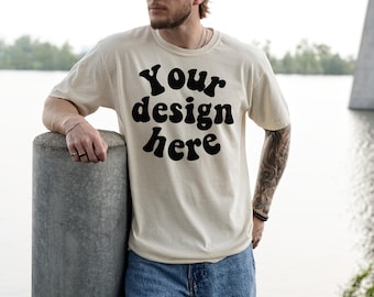 Comfort Colors 1717 Mockup Ivory, Male Model, Front Side, Outdoor, Mens 1717 Mockup, Real Model, Trendy Oversized T-Shirt Mockup