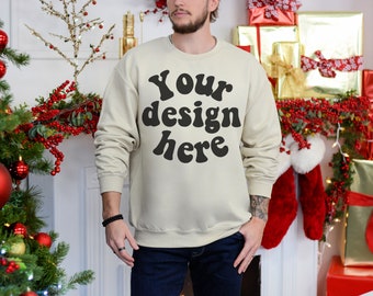Gildan 18000 sand mockup men, Male model mockup, Christmas Sweater mockup man, Sweatshirt mock up for men, Gildan sand mockup man