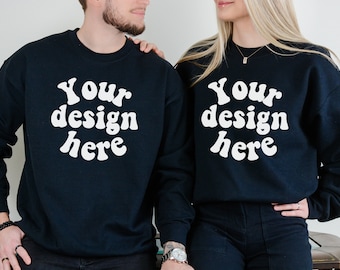 Couple Mockup, Husband Wife Crewneck mock, Mom Dad Crewneck mockup, Couple Gildan 18000, Black Gildan Crewneck, Black Gildan crewneck