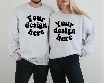 Ash grey Couple Mockup, Husband Wife Crewneck mock, Gildan 18000 ash grey, Couple crewneck mock, Ash Gildan Crewneck, Ash Gildan sweater