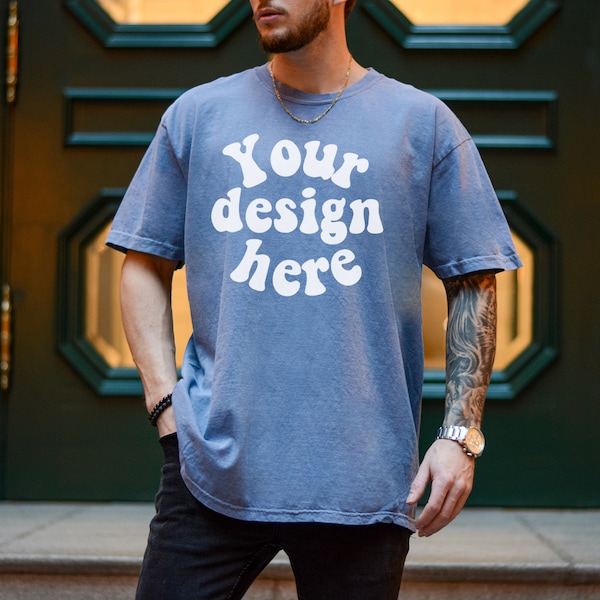 Comfort Colors C1717 Blue Jeans, T Shirt Men Model Mock up, Tee Mens Mockup, Tattooed Model Mockup, Aesthetic Mockup, CC Blue mockup