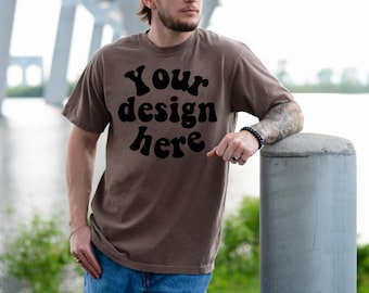 Comfort Colors 1717 Mockup Espresso, Male Model, Front Side, Outdoor, Mens 1717 Mockup, Real Model, Trendy Oversized T-Shirt Mockup
