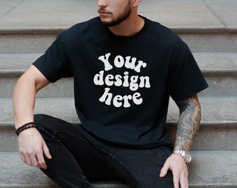 Gildan 5000 Men's black T-shirt Mockup, Black Tshirt Mockup for Men, Tattooed Model Mockup, Mens Shirt Mockup, Aesthetic Mockup, black 5000