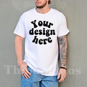 Gildan 5000 Mockup White, Male Model, Front Side, Outdoor, Casual Mens G5000 Mockup, Real Model, Trendy Oversized T-Shirt Mockup