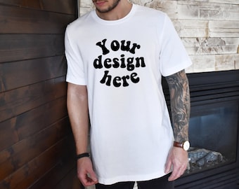 Bella Canvas 3001 white T-shirt mockup Men model mockup - Lifestyle t-shirt mockup Tattoo model men white t-shirt mockup