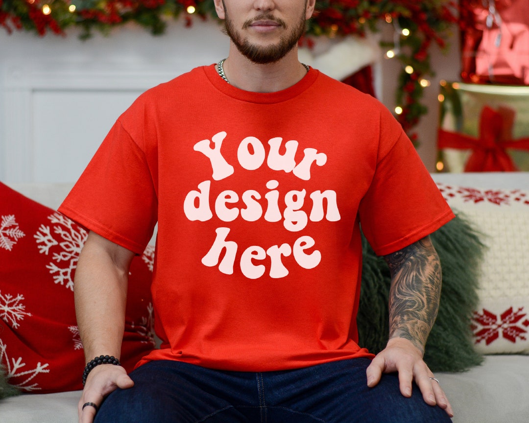 Gildan 5000 Men's Christmas Tshirt Mockup, Tattooed Model Mockup, Mens