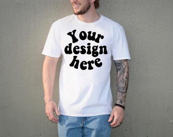 Gildan 64000 Mockup Male Model, G640 Mockup Real Human Model For Print On Demand, Outdoor Trendy Mens T Shirt Mockup, Gildan Softstyle Tee