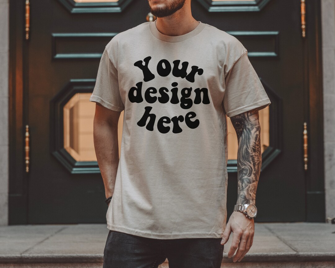 Gildan 5000 Men's Sand T-shirt Mockup, Tattooed Model Mockup, Mens ...