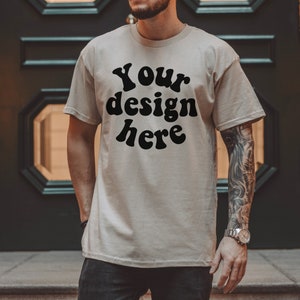 Gildan 5000 Men's sand T-shirt Mockup, Tattooed Model Mockup, Mens Shirt Mockup, Sand Tshirt Mockup for Men, Aesthetic Mockup