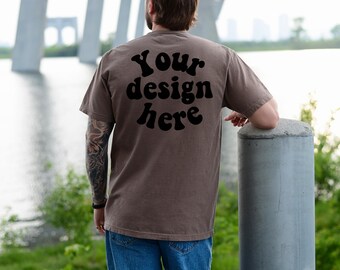 Comfort Colors 1717 Mockup Espresso, Male Model, Back Side, Outdoor, Mens 1717 Mockup, Real Model, Trendy Oversized T-Shirt Mockup