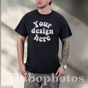 Gildan 5000 Mockup - Black T-Shirt Mockup - Tattooed Model Mockup - Aesthetic Mockup for Men, Real Man Model, Mens Gildan 5000 Shirt Front