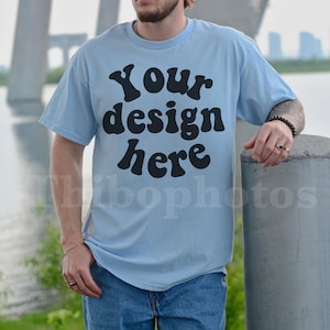 Gildan 5000 Mockup Light Blue, Male Model, Front Side, Outdoor, Casual Mens G5000 Mockup, Real Model, Trendy Oversized T-Shirt Mockup