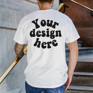 Gildan 5000 Back Men&#39;s WHITE T-shirt Mockup, Tattooed Model Mockup, Mens Shirt Mockup, Back of White Tshirt Mockup for Men, Aesthetic Mockup