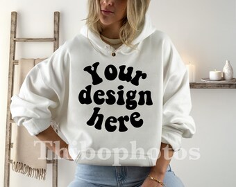 Gildan 18500 Mockup - White Hoodie Mockup - Trendy Oversized Sweatshirt - Aesthetic Model Mockup, Casual Lifestyle Hoodie, G185