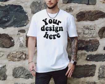 Gildan 64000 mockup t-shirt da uomo Mockup, modello tatuato Mockup, bianco 64000, camicia da uomo Mockup, maglietta bianca Mockup per uomo, modello estetico