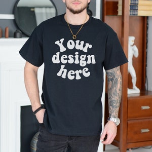 Gildan 5000 Men&#39;s black T-shirt Mockup, Tattooed Model Mockup, Mens Shirt Mockup, Black Tshirt Mockup for Men, Aesthetic Mockup