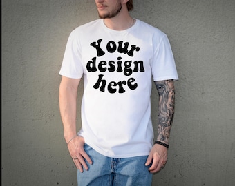 Gildan 64000 Mockup Male Model, G640 Mockup Real Human Model For Print On Demand, Outdoor Trendy Mens T Shirt Mockup, Gildan Softstyle Tee
