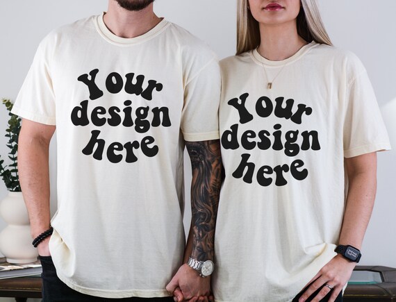 Comfort Colors C1717 Ivory T Shirt Couple Mock up Tee, Men Women Mockup, Tattooed Model Mockup, CC Ivory mockup, C1717 mock Husband Wife