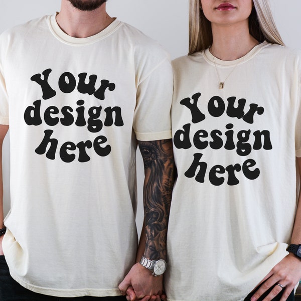 Comfort Colors C1717 Ivory T Shirt Couple Mock up Tee, Men Women Mockup, Tattooed Model Mockup, CC Ivory mockup, C1717 mock Husband Wife