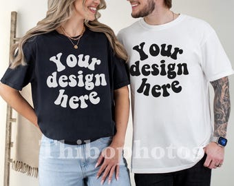 Couple Comfort Colors 1717 Black and White Mockup, Couple T Shirt Mock up, Man Woman 1717 Mockups, Front side Lifestyle Real People Mockup