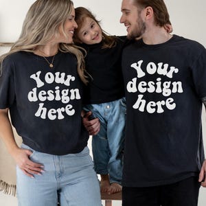 Couple Comfort Colors 1717 Black Mockup, Family Mockup, Double Shirt Mockup, Man Woman Child CC1717 T-Shirt Mockup with Real people