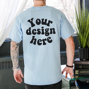 Back of Gildan 5000 Men&#39;s BLUE T-shirt Mockup, Tattooed Model Mockup, Mens Shirt Mockup, Tshirt Mockup for Men, Aesthetic Mockup, Back 5000