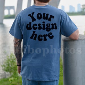 Gildan 5000 Mockup Indigo Blue, Male Model, Back Side, Outdoor, Casual Mens G5000 Mockup, Real Model, Trendy Oversized T-Shirt Mockup