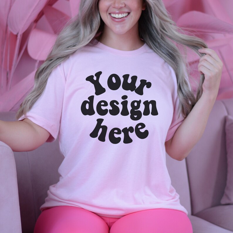 3001 Bella Canvas pink mockup in a trendy pink decor BC 3001 mockup Bella Canvas 3001 mock up mockups tshirt minimal tshirt mock image 1