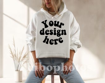 Gildan 18500 Mockup White Real Model Boho Style Aesthetic, Oversized Hoodie Mockup, Hooded Sweatshirt Mock up