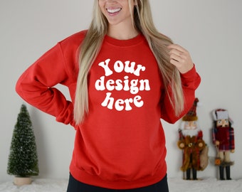 Christmas Gildan 18000 mockup red, Holiday Gildan mockup, Model mockups, Christmas Sweatshirt mockup, Crewneck mock up, sweater mockup