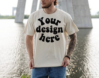 Comfort Colors 1717 Mockup Ivory, Male Model, Front Side, Outdoor, Mens 1717 Mockup, Real Model, Trendy Oversized T-Shirt Mockup