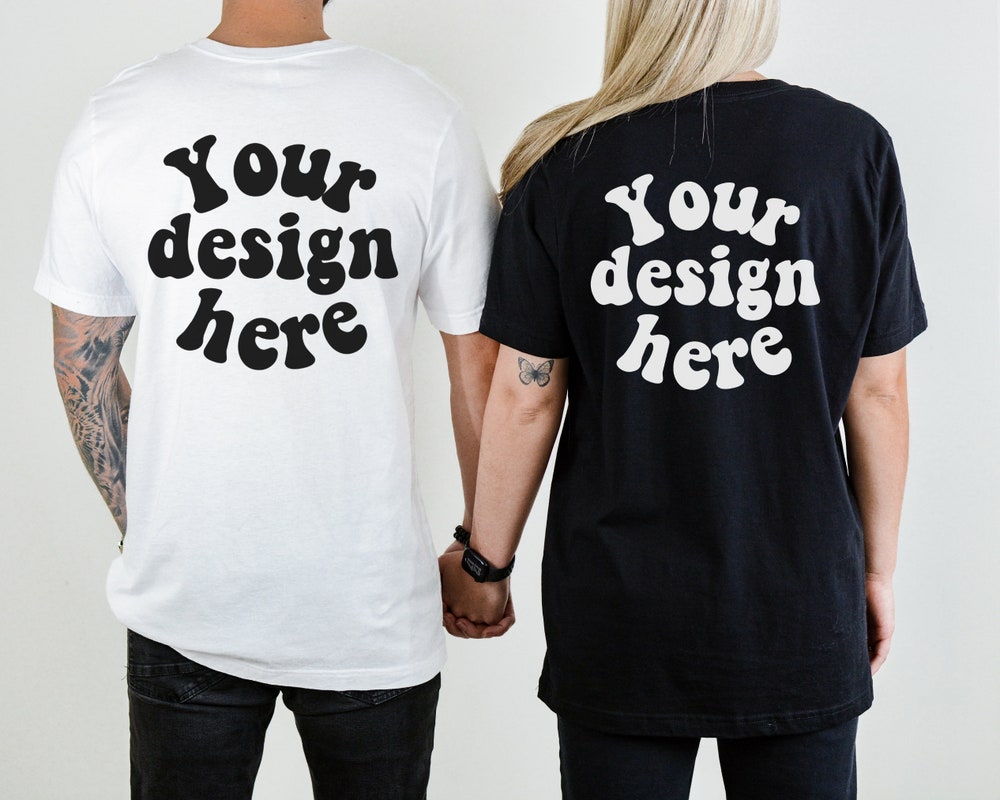 Peckshirt Custom Back Black White Bella Canvas 3001 Mockup, Unisex T-Shirt Mock Up Back, Couple 3001 Mockup Back, Men Women, Flat Lay T-Shirt Tattooed Model
