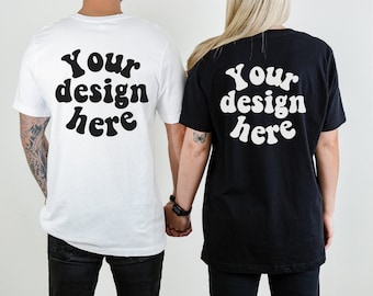 BACK Black White Bella Canvas 3001 Mockup, Unisex T-shirt Mock Up back, Couple 3001 mockup back, Men Women, Flat Lay T-shirt Tattooed model