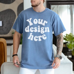 Gildan 5000 Men&#39;s indigo blue T-shirt Mockup, Gildan 5000 mockup blue, Tattooed Model, Mens Shirt, Tshirt Mockup for Men, Aesthetic Mockup