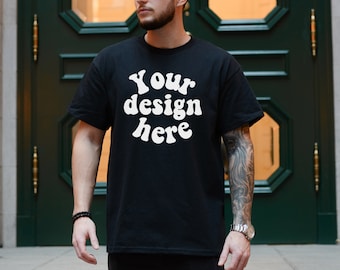 Gildan 5000 Men's black T-shirt Mockup, Tattooed Model Mockup, Mens Shirt Mockup, Black Tshirt Mockup for Men, Aesthetic Mockup