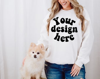 Dog mom shirt mockup, Gildan 18000 mockup with dog, Female Model Mockup, white crewneck mock, white sweater mockup, boho sweatshirt mock