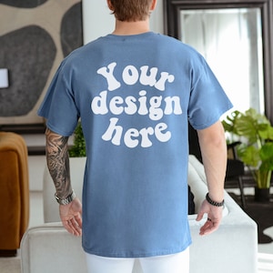 Back Gildan 5000 Men&#39;s indigo blue T-shirt Mockup, Back Gildan 5000 mockup blue, Tattooed Model, Mens Shirt, Back Tshirt Mockup for Men