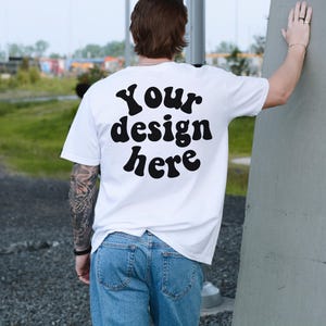 Comfort Colors 1717 Mockup White, Male Model, Back Side, Outdoor, Mens 1717 Mockup, Real Model, Trendy Oversized T-Shirt Mockup