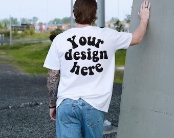 Comfort Colors 1717 Mockup White, Male Model, Back Side, Outdoor, Mens 1717 Mockup, Real Model, Trendy Oversized T-Shirt Mockup