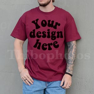 Gildan 5000 Mockup Light Blue, Male Model, Front Side, Outdoor, Casual Mens G5000 Mockup, Real Model, Trendy Oversized T-Shirt Mockup