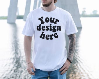 Comfort Colors 1717 Mockup White, Male Model, Front Side, Outdoor, Mens 1717 Mockup, Real Model, Trendy Oversized T-Shirt Mockup Beach
