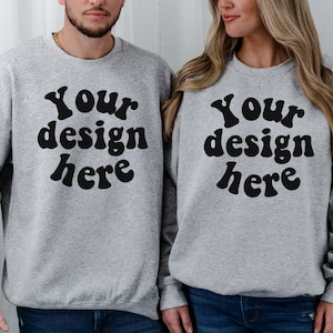 Couple Mockup, Husband Wife Crewneck mock, Mom Dad Crewneck mockup Couple sweatshirt mockup Sport grey Gildan Crewneck, Grey Gildan crewneck