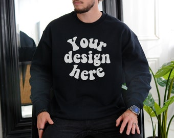 Sweatshirt mock ups, 18000 mockup men, Male model mockup, g180 mock up, Gildan 18000 mockup black men, sweatshirt mock up Black Sweater Mock