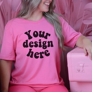 3001 Bella Canvas charity pink mockup in a trendy pink decor | Charity pink bc 3001 mockup | Bella Canvas 3001 mock up | mockups tshirt
