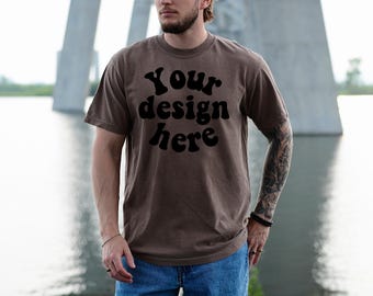 Comfort Colors 1717 Mockup Espresso, Male Model, Front Side, Outdoor, Mens 1717 Mockup, Real Model, Trendy Oversized T-Shirt Mockup