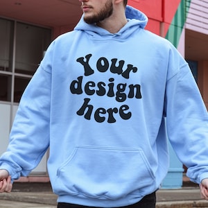 Gildan 18500 light blue, Men's Hoodie Mockup Male Model Mockup, Blue Sweater mockup, Oversized Hoodie Mockup for Men Tattooed Model Mockup,