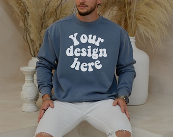 Comfort Colors 1566 Blue Jean, 1566 Comfort Colors mockups men, 1566 Sweatshirt Mockup Men, Men Model Mock up, Aesthetic Mockup, 1566 men