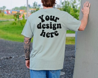 Comfort Colors 1717 Mockup Bay, Male Model, Back Side, Outdoor, Mens 1717 Mockup, Real Model, Trendy Oversized T-Shirt Mockup
