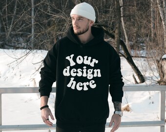 Schwarzer Hoodie Mockup, Winter Mockup, Gildan 18500 Mockup, Männer Modell, Kapuzen Mockup, Front Hoodie Mockups, trendy Hoodie Mockup, g185 Mockup