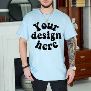 Gildan 5000 Men&#39;s BLUE T-shirt Mockup, Tattooed Model Mockup, Mens Shirt Mockup, blue Tshirt Mockup for Men, Aesthetic Mockup, Blue 5000